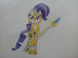 Size: 1280x960 | Tagged: safe, artist:kiwwsplash, imported from derpibooru, rarity, pony, unicorn, armor, female, glowing horn, helmet, hoof shoes, horn, magic, mare, royal guard, royal guard rarity, smiling, solo, spear, telekinesis, traditional art, weapon