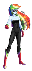 Size: 2043x4500 | Tagged: safe, artist:danmakuman, imported from derpibooru, rainbow dash, equestria girls, absurd resolution, adorasexy, bare shoulders, clothes, commission, cute, female, gloves, looking at you, sexy, sleeveless, smiling, solo, strapless, unitard