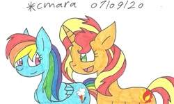 Size: 1169x700 | Tagged: safe, artist:cmara, imported from derpibooru, rainbow dash, sunset shimmer, pegasus, pony, unicorn, duo, female, mare, open mouth, simple background, traditional art, white background