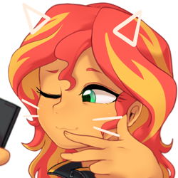 Size: 800x800 | Tagged: safe, artist:maren, imported from derpibooru, sunset shimmer, equestria girls, bust, cat ears, cute, female, nyanset shimmer, one eye closed, peace sign, phone, portrait, selfie, shimmerbetes, simple background, solo, whiskers, white background, wink