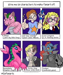 Size: 1080x1281 | Tagged: safe, artist:sharkledog, imported from derpibooru, spike (g1), dragon, human, six fanarts, all-star stan, armor, clothes, crossover, dorian gray, duality, eyepatch, female, harry potter, harry potter (series), luna lovegood, male, necktie, scepter, serendipity the pink dragon, starry eyes, thumbs up, undertale, undyne, wingding eyes