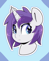 Size: 3235x4000 | Tagged: safe, alternate version, artist:partylikeanartist, imported from derpibooru, oc, oc only, oc:indigo wire, pony, unicorn, alternate design, alternate hairstyle, bobcut, bust, eyebrows, eyebrows visible through hair, high res, looking away, portrait, simple background, solo, sticker, wingding eyes