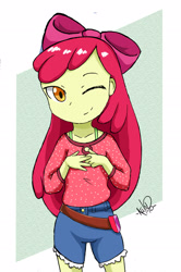 Size: 1691x2540 | Tagged: safe, artist:kalipoart, imported from derpibooru, apple bloom, equestria girls, adorabloom, apple bloom's bow, belt, bow, clothes, cute, denim shorts, female, hair bow, looking at you, one eye closed, orange eyes, patterned background, red hair, shorts, smiling at you, solo, watermark, wink, winking at you