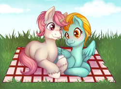 Size: 2967x2189 | Tagged: safe, artist:pingwinowa, imported from derpibooru, lightning dust, oc, oc:intrepid charm, pegasus, unicorn, blushing, canon x oc, female, grass, male, mare, picnic blanket, stallion