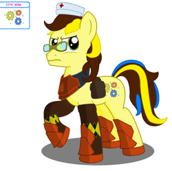 Size: 1768x1760 | Tagged: safe, imported from derpibooru, oc, oc:stoned gears, armor, bag, clothes, glasses, hat, legends of equestria, male, nurse hat, saddle bag, socks, stallion