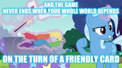 Size: 739x415 | Tagged: safe, edit, edited screencap, imported from derpibooru, screencap, trixie, to where and back again, caption, image macro, song reference, text, the alan parsons project, the turn of a friendly card