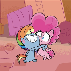 Size: 1080x1080 | Tagged: safe, imported from derpibooru, screencap, pinkie pie, rainbow dash, earth pony, pegasus, pony, my little pony: pony life, the fluttershy effect, spoiler:pony life s01e10, cropped, female, g4.5, hug, mare