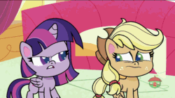 Size: 800x450 | Tagged: safe, imported from derpibooru, screencap, applejack, twilight sparkle, alicorn, earth pony, pony, my little pony: pony life, the trail less trotten, spoiler:pony life s01e07, adventure in the comments, animated, bucking, chibi, cowboy hat, duo, female, g4.5, gif, gritted teeth, hat, horses doing horse things, kicking, kicks mcgee, mare, ouch, treehouse logo, twilight sparkle (alicorn), unshorn fetlocks