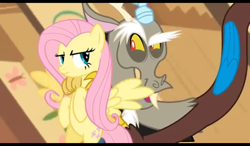 Size: 1024x600 | Tagged: safe, imported from derpibooru, screencap, discord, fluttershy, draconequus, pegasus, keep calm and flutter on, annoyed, evil grin, fluttershy is not amused, fluttershy's cottage, grin, hug, looking at each other, smiling, unamused