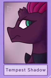 Size: 551x850 | Tagged: safe, alternate version, artist:luxaaj, imported from derpibooru, tempest shadow, pony, unicorn, broken horn, bust, female, frown, horn, mare, solo