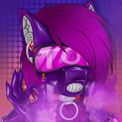 Size: 4050x4050 | Tagged: safe, alternate version, artist:bellfa, imported from derpibooru, part of a set, oc, oc only, oc:lucid rose, anthro, bat pony, hybrid, pony, wolf, bat pony oc, bat wings, collar, commission, decoration, fangs, female, filter, fluffy, gas mask, hybrid pony, hypnogear, latex, latex suit, mask, original art, original style, piercing, ruby, smiling, smirk, smoke, solo, two toned eyes, visor, wings, wool, ych result