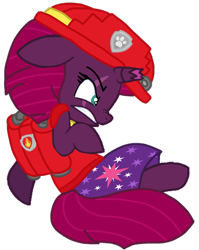 Size: 861x1080 | Tagged: safe, artist:徐詩珮, imported from derpibooru, fizzlepop berrytwist, tempest shadow, pony, unicorn, series:sprglitemplight diary, series:sprglitemplight life jacket days, series:springshadowdrops diary, series:springshadowdrops life jacket days, alternate universe, angry, broken horn, clothes, cute, cutie mark, cutie mark on clothes, dress, eye scar, female, gritted teeth, helmet, horn, mare, marshall (paw patrol), paw patrol, paw prints, scar, simple background, solo, transparent background