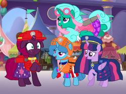 Size: 1440x1080 | Tagged: safe, artist:徐詩珮, imported from derpibooru, fizzlepop berrytwist, glitter drops, spring rain, tempest shadow, twilight sparkle, alicorn, unicorn, series:sprglitemplight diary, series:sprglitemplight life jacket days, series:springshadowdrops diary, series:springshadowdrops life jacket days, alternate universe, bisexual, broken horn, chase (paw patrol), clothes, cute, female, glitterbetes, glitterlight, glittershadow, horn, lesbian, lifeguard, lifeguard spring rain, marshall (paw patrol), paw patrol, polyamory, shipping, skye (paw patrol), sprglitemplight, springbetes, springdrops, springlight, springshadow, springshadowdrops, tempestbetes, tempestlight, twilight sparkle (alicorn), zuma (paw patrol)