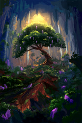 Size: 720x1080 | Tagged: safe, artist:plainoasis, imported from derpibooru, spike, twilight sparkle, alicorn, dragon, pony, cavern, crystal, digital art, duo, epic, horn, older, older spike, painting, plant, roots, scenery, scenery focus, scenery porn, silhouette, stalactite, sunlight, tree, twilight sparkle (alicorn), water, waterfall