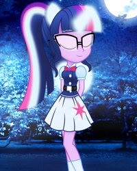 Size: 2000x2500 | Tagged: safe, artist:aryatheeditor, imported from derpibooru, sci-twi, twilight sparkle, equestria girls, belt, bowtie, cutie mark, eyes closed, female, geode of telekinesis, glasses, glow, glowing, glowing horn, horn, jewelry, magical geodes, moon, night, outfit, pendant, photo, ponied up, pony ears, powerful sparkle, relaxing, solo, wings