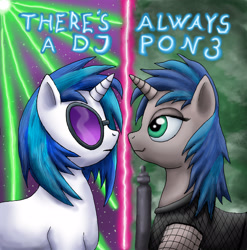 Size: 3122x3159 | Tagged: safe, artist:daoldhorse, imported from derpibooru, dj pon-3, vinyl scratch, oc, oc:homage, pony, unicorn, fallout equestria, don't dead open inside, duo, female