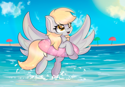 Size: 5787x3996 | Tagged: safe, artist:janelearts, imported from derpibooru, derpy hooves, pegasus, ocean, open mouth, summer, sun, umbrella, water