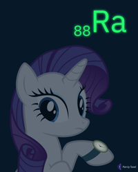 Size: 4000x5000 | Tagged: safe, artist:parclytaxel, imported from derpibooru, rarity, pony, unicorn, series:joycall6's periodic table, .svg available, absurd resolution, chemistry, dark, female, frown, glow, glow in the dark, glowing, looking back, mare, periodic table, purple background, radium, raised hoof, simple background, solo, this will end in cancer, vector, watch