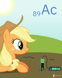Size: 4000x5000 | Tagged: safe, artist:parclytaxel, imported from derpibooru, applejack, earth pony, pony, series:joycall6's periodic table, .svg available, absurd resolution, actinium, chemistry, female, mare, neutron probe, periodic table, prone, smiling, soil, solo, sun, vector