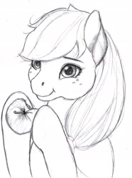 Size: 1654x2218 | Tagged: safe, artist:maniatico jerte oficial, imported from derpibooru, applejack, earth pony, pony, apple, cute, food, hoof hold, monochrome, sketch, solo, traditional art