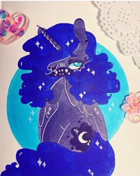 Size: 720x905 | Tagged: safe, artist:dollbunnie, imported from derpibooru, princess luna, alicorn, cute, ear piercing, earring, eyebrows, eyelashes, instagram, jewelry, marker drawing, mask, missing accessory, piercing, teeth mask, traditional art