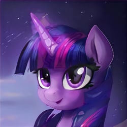 Size: 1024x1024 | Tagged: safe, artist:thisponydoesnotexist, imported from derpibooru, twilight sparkle, pony, accidentally a canon character, ai content, ai generated, artificial intelligence, cloud, female, generator:thisponydoesnotexist, glowing horn, horn, mane, mare, neural network, not twilight sparkle, purple mane, smiling, solo, sparkles, stars