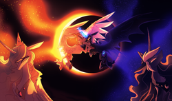 Size: 3083x1809 | Tagged: safe, artist:iheyyasyfox, imported from derpibooru, daybreaker, nightmare moon, princess celestia, princess luna, pony, eclipse, high res, solar eclipse