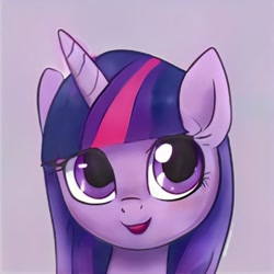 Size: 1024x1024 | Tagged: safe, artist:thisponydoesnotexist, imported from derpibooru, twilight sparkle, pony, accidentally a canon character, ai content, ai generated, alternate hairstyle, artificial intelligence, bust, cute, female, generator:thisponydoesnotexist, mare, neural network, not twilight sparkle, purple coat, purple eyes, purple mane, smiling, solo