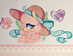 Size: 720x547 | Tagged: safe, artist:dollbunnie, imported from derpibooru, fluttershy, pony, cute, eyelashes, female, gardener, hat, instagram, leaves, pastel, solo