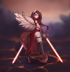 Size: 2000x2062 | Tagged: safe, artist:ketlimur, imported from derpibooru, oc, oc only, oc:ondrea, anthro, plantigrade anthro, fantasy, female, lightsaber, solo, star wars, tail, tiptoe, weapon, wings