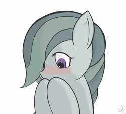 Size: 3218x2895 | Tagged: safe, artist:drawalaverr, imported from derpibooru, marble pie, earth pony, pony, blushing, female, high res, looking down, mare, shy, simple background, solo, white background