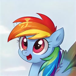 Size: 1024x1024 | Tagged: safe, artist:thisponydoesnotexist, imported from derpibooru, rainbow dash, pony, :d, accidentally a canon character, ai content, ai generated, artificial intelligence, bust, cute, female, generator:thisponydoesnotexist, looking at you, neural network, not rainbow dash, portrait, solo