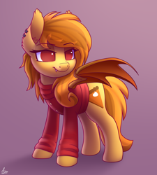 Size: 1800x2000 | Tagged: safe, artist:luminousdazzle, imported from derpibooru, oc, oc only, oc:pumpkin spice, bat pony, pony, bat pony oc, bat wings, clothes, cutie mark, female, mare, solo, wings