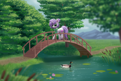 Size: 3000x2000 | Tagged: safe, artist:luminousdazzle, imported from derpibooru, oc, oc only, oc:orchid, bird, duck, pony, unicorn, bridge, clothes, female, high res, lilypad, mare, river, scarf, scenery, smiling, solo, tree