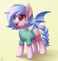 Size: 1900x2000 | Tagged: safe, artist:luminousdazzle, imported from derpibooru, oc, oc only, oc:adina, oc:scribbles, bat pony, pony, bat pony oc, bat wings, braided tail, clothes, cutie mark, female, heterochromia, solo, tail, wings