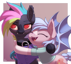 Size: 2000x1800 | Tagged: safe, artist:luminousdazzle, imported from derpibooru, oc, oc only, oc:adina, oc:black opal, oc:opal, oc:scribbles, bat pony, pony, clothes, collar, cute, cutie mark, duo, eyes closed, female, hug, mare, open mouth, red eyes, unamused