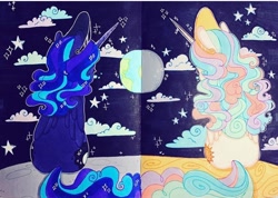 Size: 720x514 | Tagged: safe, artist:dollbunnie, imported from derpibooru, princess celestia, princess luna, cloud, crown, earth, fanart, instagram, jewelry, marker drawing, moon, night, regalia, space, sparkles, stars, the world, traditional art