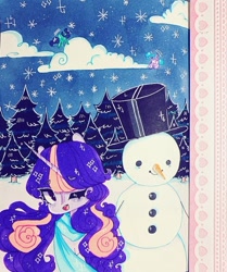 Size: 720x861 | Tagged: safe, artist:dollbunnie, imported from derpibooru, twilight sparkle, clothes, cloud, cute, detailed background, eyebrows, forest background, instagram, marker drawing, night, one eye closed, open mouth, pine tree, scarf, smiling, snowman, starry night, stars, traditional art, tree, wink, winter