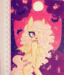 Size: 720x850 | Tagged: safe, artist:dollbunnie, imported from derpibooru, fluttershy, bat, bat pony, apple, apple core, apple tree, bat ponified, eyebrows, flutterbat, full moon, hair over one eye, instagram, marker drawing, moon, night, open mouth, race swap, red eyes, smiling, traditional art, tree