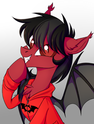 Size: 2185x2881 | Tagged: safe, artist:kannakiller, imported from derpibooru, bat pony, pony, bat wings, bust, chest fluff, clothes, colored pupils, commission, ear fluff, fall out boy, fangs, gradient background, grin, happy, hoodie, male, messy mane, pete wentz, ponified, raised hoof, slit eyes, slit pupils, smiling, solo, spread wings, stallion, wings, ych result