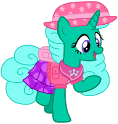 Size: 1031x1080 | Tagged: safe, artist:徐詩珮, imported from derpibooru, glitter drops, pony, unicorn, series:sprglitemplight diary, series:sprglitemplight life jacket days, series:springshadowdrops diary, series:springshadowdrops life jacket days, alternate universe, base used, clothes, cute, dress, eyelashes, female, hat, mare, open mouth, paw patrol, raised hoof, simple background, skye (paw patrol), solo, transparent background