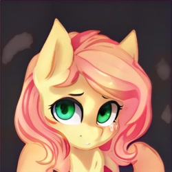 Size: 1024x1024 | Tagged: safe, artist:thisponydoesnotexist, imported from derpibooru, pony, ai content, ai generated, crying, cute, female, generator:thisponydoesnotexist, green eyes, mare, neural network, not fluttershy, simple background, solo, yellow coat