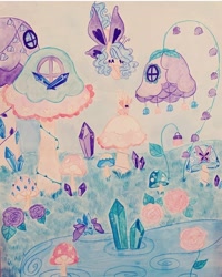 Size: 720x900 | Tagged: safe, artist:dollbunnie, imported from derpibooru, oc, butterfly, fairy, fairy pony, original species, beautiful, crystal, eyes closed, fairy rabbit, fairy wings, fairyized, fantasy, flower, flying, houses, instagram, mushroom, pastel, pond, rose, traditional art, watercolor painting, wings