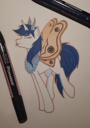 Size: 2534x3612 | Tagged: safe, artist:alicetriestodraw, imported from derpibooru, oc, oc only, oc:mysza, moth, mothpony, original species, blue eyes, blue mane, colored sketch, eyes closed, horn, mare, solo, tongue out, traditional art, white fur