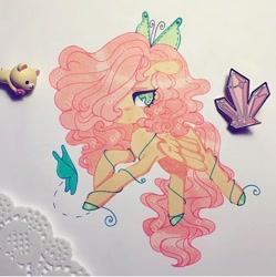 Size: 720x722 | Tagged: safe, artist:dollbunnie, imported from derpibooru, fluttershy, butterfly, pegasus, butterfly hairpin, crystal, eyebrows, eyelashes, hair over one eye, hairpin, rilakkuma