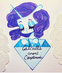 Size: 720x855 | Tagged: safe, artist:dollbunnie, imported from derpibooru, rarity, pony, unicorn, catcalls aren't compliments, diamond, eyebrows, eyelashes, eyes closed, female, feminism, makeup, mouthpiece, sad, solo, sparkling mane