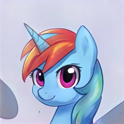 Size: 1024x1024 | Tagged: safe, artist:thisponydoesnotexist, imported from derpibooru, pony, unicorn, accidentally a canon character, ai content, ai generated, bust, female, generator:thisponydoesnotexist, horn, neural network, not rainbow dash, portrait, solo
