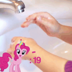 Size: 720x720 | Tagged: safe, imported from derpibooru, pinkie pie, earth pony, human, pony, happy birthday to you!, 2020, animated, birthday, coronavirus, countdown, covid-19, female, hand washing, hat, looking at you, mare, offscreen character, offscreen human, party hat, singing, solo, song, sound, talking to viewer, webm