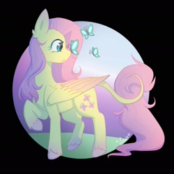 Size: 1979x1970 | Tagged: safe, artist:luciakitsu, imported from derpibooru, fluttershy, butterfly, pegasus, pony, :o, butterfly on nose, colored hooves, female, head turn, insect on nose, leonine tail, looking at something, mare, open mouth, partial background, profile, raised hoof, solo, standing, turned head, two toned wings, unshorn fetlocks, wings