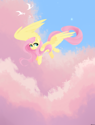 Size: 1100x1450 | Tagged: safe, artist:shiny-dust, imported from derpibooru, fluttershy, bird, pegasus, pony, cloud, female, flying, looking at you, mare, sky, solo, spread wings, stars, three quarter view, wings